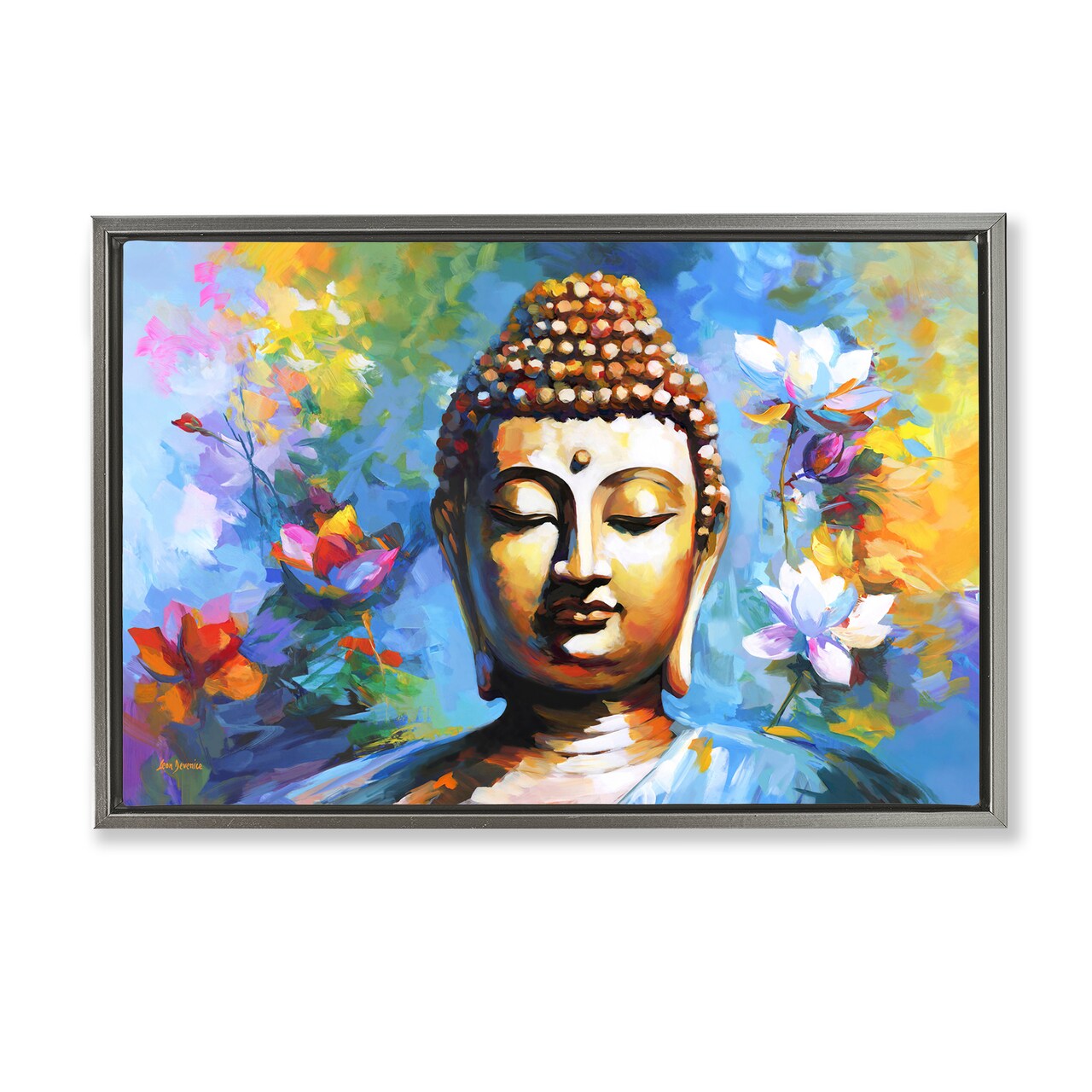 Stupell Industries Buddha with Bright Lotus Floater Framed Canvas Wall Art Design by Leon Devenice